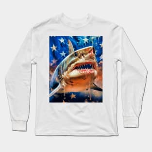 American Flag Patriotism and Freedom Great White Shark Long Sleeve T-Shirt